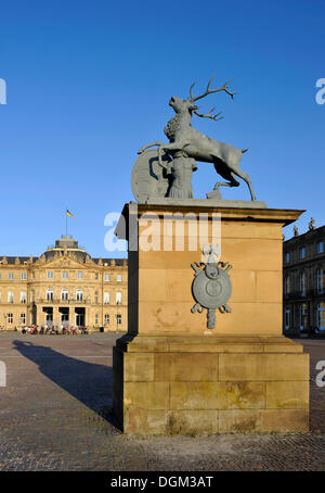 Heraldic animal deer by Anton von ISOPIS at the main entrance and courtyard, Schlossplatz square, Neues Schloss castle Stock Photo