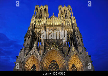 Night view, west facade, Cathedral of Notre-Dame, Unesco World Heritage Site, Reims, Champagne, France, Europe, PublicGround Stock Photo