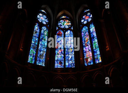 Stained glass windows designed by Marc Chagall in the sanctuary, Notre Dame, Unesco World Heritage Site, Reims, Champagne Stock Photo