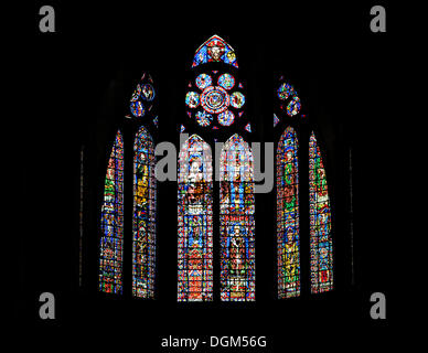 Historical stained glass windows, Chapelle absidiale de Sainte Therese, side chapel, Notre-Dame Cathedral Stock Photo
