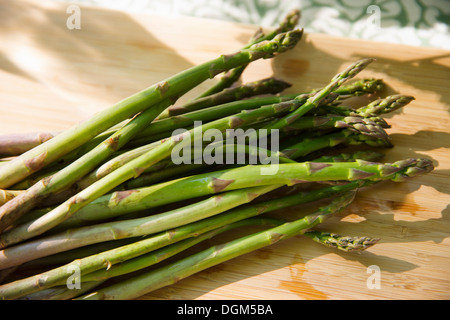 On the farm. A chopping board and sharp kitchen knife. A bunch of freshly picked organic asparagus. Stock Photo