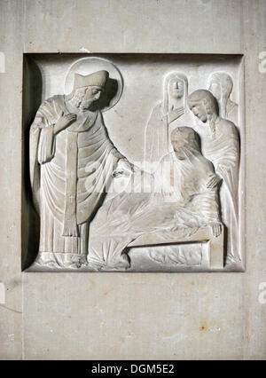 Relief, image of St. Remigius healing, Saint Remi, side altar, Saint-Remi Basilica, abbey church, UNESCO World Heritage Site Stock Photo