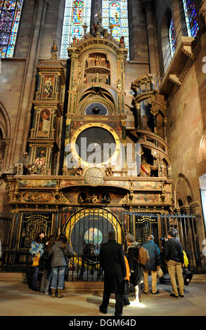 Visitors, astronomical clock, interior view of Strasbourg Cathedral, Cathedral of Our Lady of Strasbourg, Strasbourg