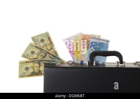 Symbolic image for exchange rate, international business, trade balance, 20 dollar bills, euro, briefcase Stock Photo