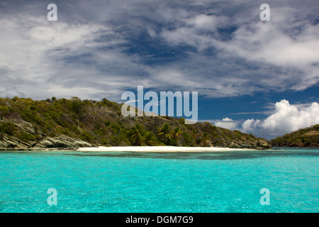 Jamesby, Beach and Palm Trees; a Tiny Tropical Island in the Tobago Cays, Marine Park: Saint Vincent and the Grenadines. Stock Photo