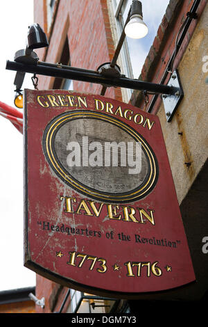 Hanging sign of the Green Dragon Tavern, Boston, Massachusetts, New England, USA Stock Photo