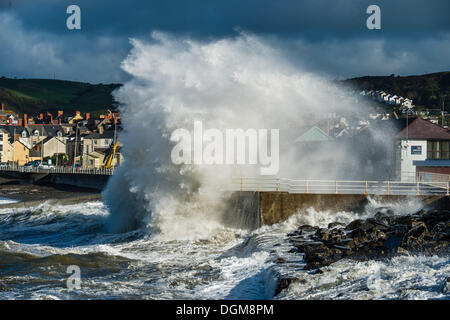 Aberystwyth Wales UK, Wednesday 23 October 2013 Gale force winds, a high tide and stormy seas bring huge waves crashing into the promenade at Aberystwyth on the west wales coast, UK. Stormy weather has swept across the UK with more on the way according to reports. Credit: keith morris/Alamy Live News Stock Photo