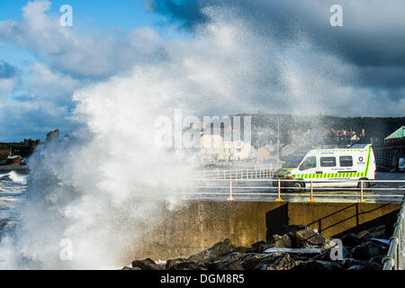 Aberystwyth Wales UK, Wednesday 23 October 2013 Gale force winds, a high tide and stormy seas bring huge waves crashing into the promenade at Aberystwyth on the west wales coast, UK. Stormy weather has swept across the UK with more on the way according to reports. Credit: keith morris/Alamy Live News Stock Photo