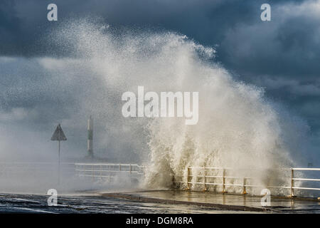 Aberystwyth Wales UK, Wednesday 23 October 2013 Gale force winds, a high tide and stormy seas bring huge waves crashing into the promenade at Aberystwyth on the west wales coast, UK. Stormy weather has swept across the UK with more on the way according to reports. Credit: keith morris/Alamy Live News Stock Photo