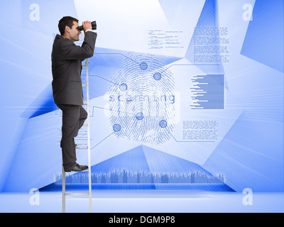 Businessman looking through binoculars to holographic finger print Stock Photo