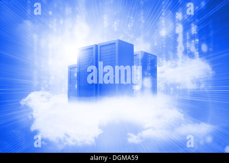 Shiny bright hologram of server towers in clouds Stock Photo