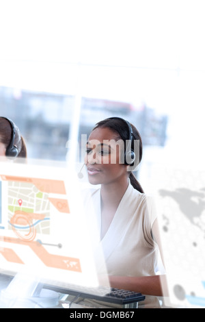 Content call center employee using futuristic interface hologram Stock Photo