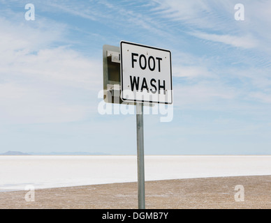An information sign, Foot Wash, at the edge of the Bonneville Salt Flats. Stock Photo