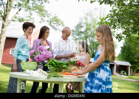 Family party. Five people table preparing fresh salads fruit party Two girls, one young woman and a mature couple. Stock Photo