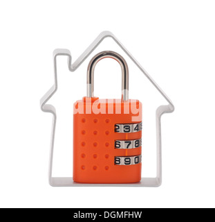 House and orange combination padlock with clipping path Stock Photo