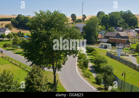 Border to the former GDR, view from a guard tower in the formerly divided town Moedlareuth, German-German Museum Moedlareuth Stock Photo