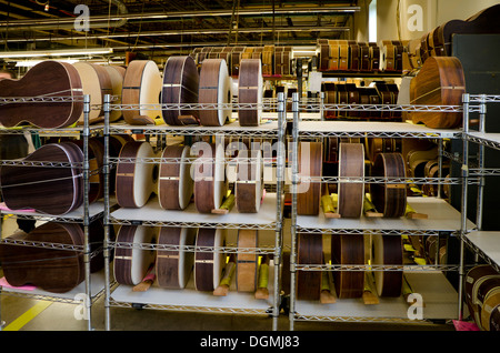 Stacked guitar bodies during production process at Martin guitars factory  in Nazareth, Pennsylvania, USA Stock Photo