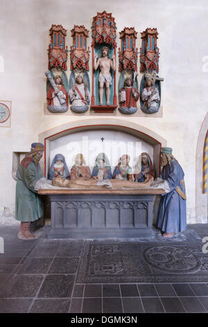Holy grave, depiction of the Entombment of Christ, around 1500, with seven small tuff statues and Christ as Man of Sorrows Stock Photo