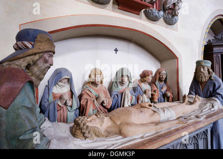 Holy grave, depiction of the Entombment of Christ, around 1500, with seven small tuff statues, Romanesque-Gothic Abbey Church of Stock Photo