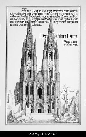 Historic engraving depicting the destroyed Cologne Cathedral by J. Helbig, 1948, post-war era, a UNESCO World Heritage Site Stock Photo