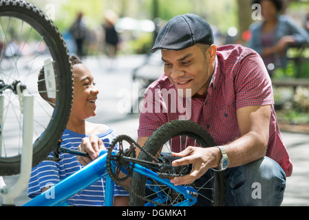 A family in the park on a sunny day. A father and son repairing a bicycle. Stock Photo