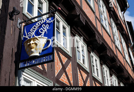 Cafè-sign made of ceramic, on a half-timbered house from the 17th century, Stieg, Quedlinburg, Harz, Saxony-Anhalt