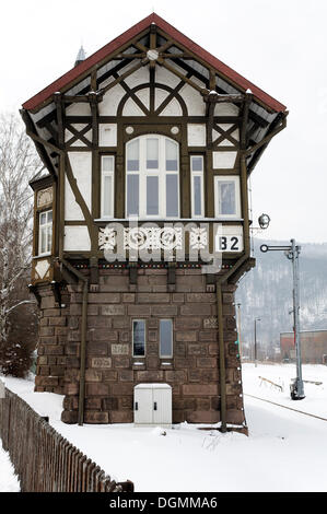 Historic half-timbered signalman's cottage in winter, station Thale, Harz, Saxony-Anhalt Stock Photo