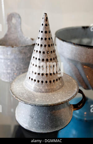 Funnel-shaped enamel colander, product from the ironworks Thale, Huettenmuseum Thale ironworks museum, Thale, Harz Stock Photo