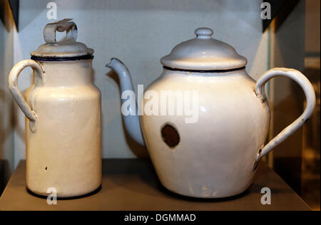 Two old enamel pots, products from the ironworks Thale, Huettenmuseum Thale ironworks museum, Thale, Harz, Saxony-Anhalt Stock Photo