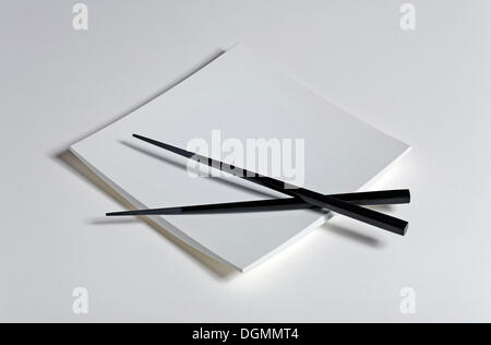 Black Japanese chopsticks on an empty white plate Stock Photo
