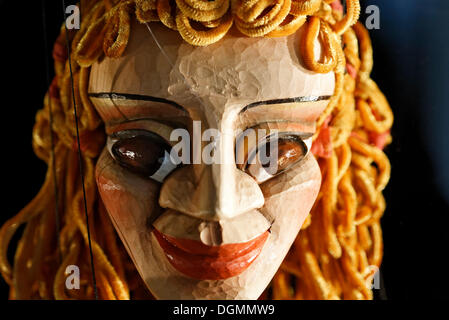 Head of a female marionette, carved, marionette of the Duesseldorf puppet theatre, Duesseldorf, North Rhine-Westphalia Stock Photo