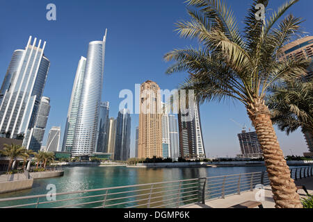 Skyscrapers on an artificial lake, large scale construction project, Jumeirah Lake Towers, Dubai, United Arab Emirates Stock Photo