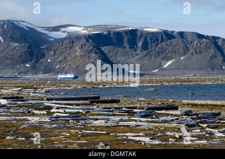 View from Amsterdamøya towards Danskøya, expedition cruise ship, MS Ocean Nova, rear, driftwood in the foreground Stock Photo