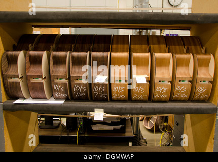 Row of guitar bodies during production process at Martin guitars factory in Nazareth, Pennsylvania, USA Stock Photo