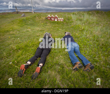 Taking pictures in the grass, Iceland Stock Photo