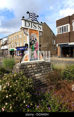 Diss town sign, market town of Diss, Norfolk, England, Britain, UK Stock Photo