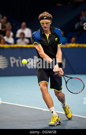 Basel, Switzerland. 23 Oct, 2013. Denis Istomin (UZB) swings to the ball during the 2nd round of the Swiss Indoors at St. Jakobshalle on Wednesday. Photo: Miroslav Dakov/Alamy Live News Stock Photo