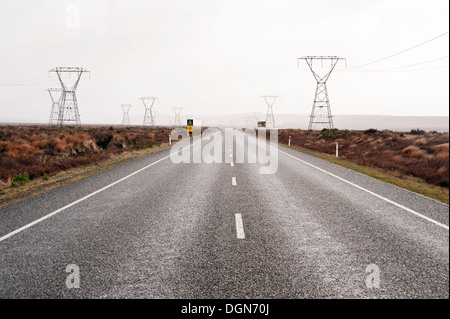 Electricity power lines along Highway 1 Desert Road, in the volcanic region near Lake Taupo, North Island, New Zealand Stock Photo