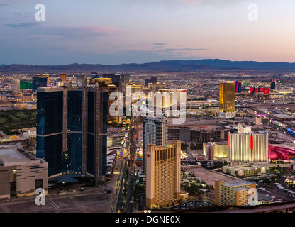 View of South Las Vegas Boulevard  (The Strip) at dusk from the top of the Stratosphere tower, Las Vegas, Nevada, USA Stock Photo