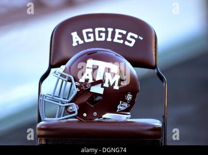 College Station, Texas, USA. 19th Oct, 2013. October 19, 2013: Texas A&M Aggies helmet resting on the chair during the NCAA football game between the Auburn Tigers and the Texas A&M University Aggies at Kyle Field Stadium in College Station, Auburn wins against Texas A&M, 45-41. © csm/Alamy Live News Stock Photo