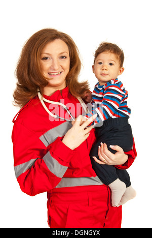 Happy doctor woman holding baby boy isolated on white background Stock Photo