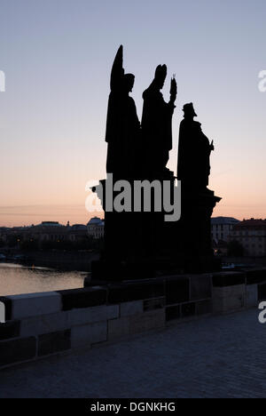 On the Charles Bridge at dawn, old town, UNESCO World Heritage Site, Prague, Czech Republic, Europe