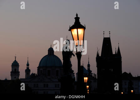 Lantern on the Charles Bridge at dawn, old town, UNESCO World Heritage Site, Prague, Czech Republic, Europe