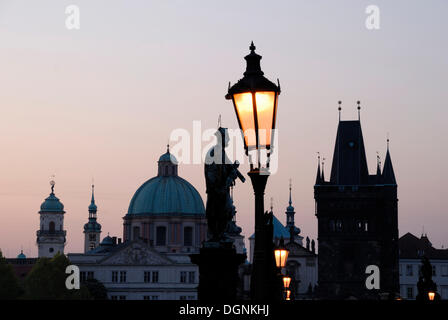 Lantern on the Charles Bridge at dawn, old town, UNESCO World Heritage Site, Prague, Czech Republic, Europe