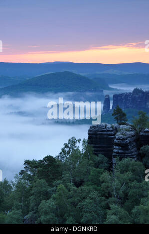 View of Nasser Grund with morning fog, Saxon Switzerland, Elbe Sandstone Mountains, Saxony Stock Photo