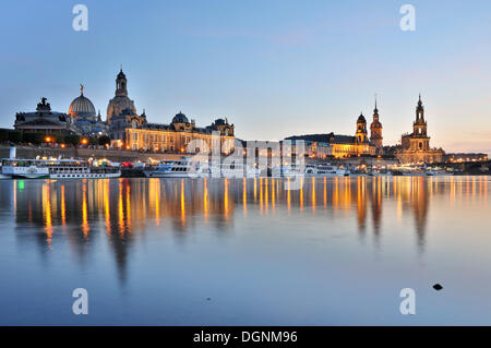 View across the Elbe River towards the historic town centre of Dresden in the evening, Saxony Stock Photo