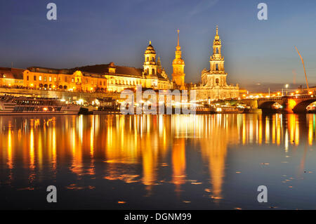 View across the Elbe River towards the historic town centre of Dresden in the evening, Saxony Stock Photo