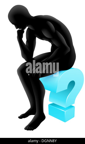 Silhouette man on question mark icon thinking in a thinker pose. Concept for any questioning or psychology, poetry or philosophy Stock Photo