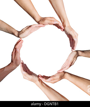 Conceptual symbol of human hands making a circle on white background with a copy space in the middle Stock Photo