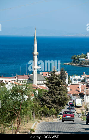 Road in Datça with a sea view and a minaret, Datça, Datca, Datca Peninsula, Mugla Province, Turkish Aegean, Turkey Stock Photo